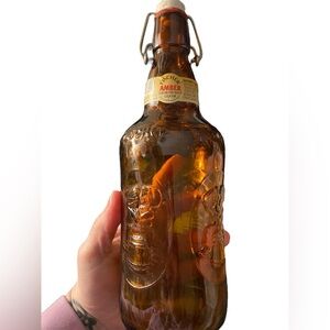 Bottle embossed Fischer amber imported malt liquor hoopla  10” t amber